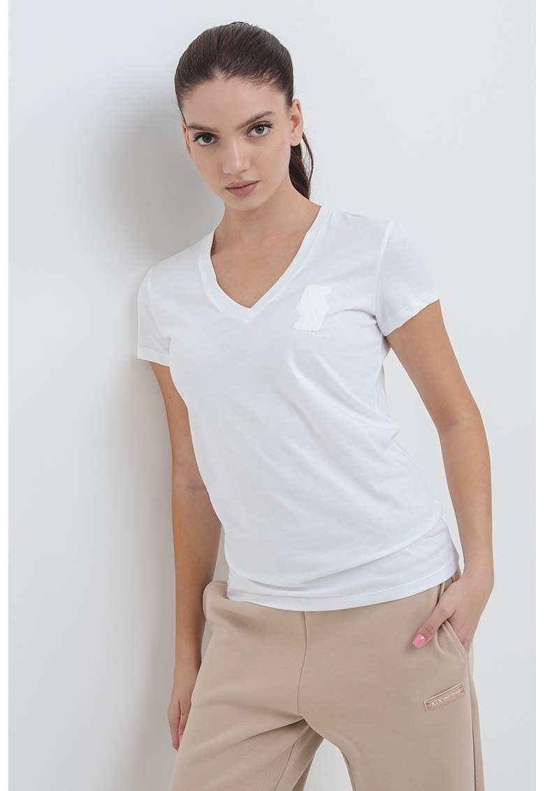 Tricou din bumbac cu decolteu in V - Alb