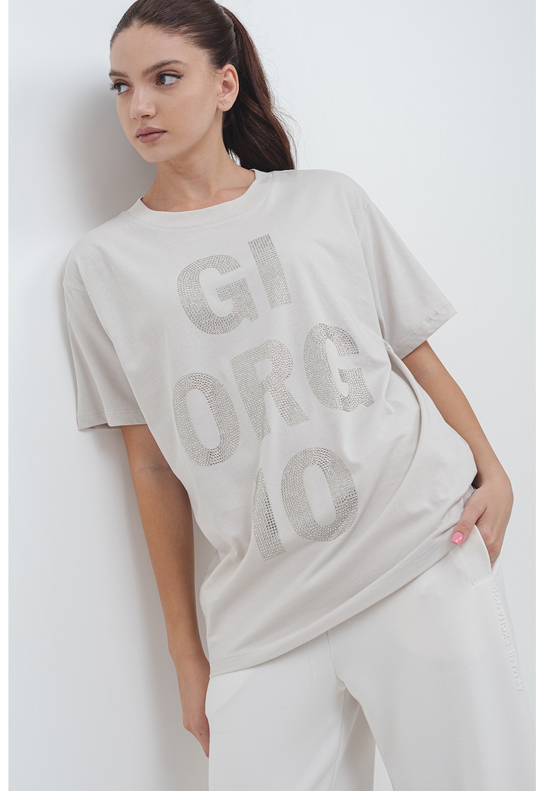 Tricou lejer decorat cu strasuri - Bej inchis/Transparent