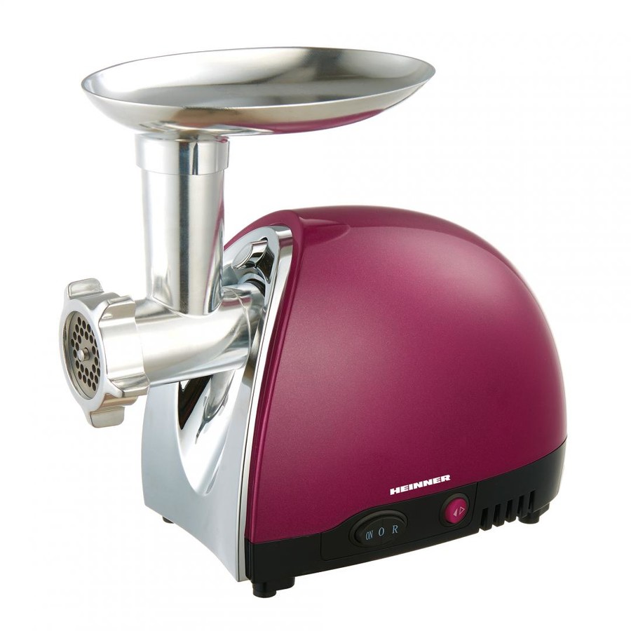 Masina de tocat HEINNER MG1500TA-BG1600W, functie reverse, accesoriu pentru carnati, trei site de taiere, cutit din inox,  visiniu