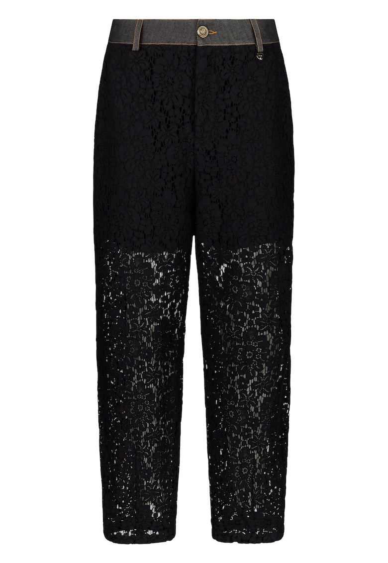 Pantaloni cu talie inalta si strat exterior de dantela - Negru