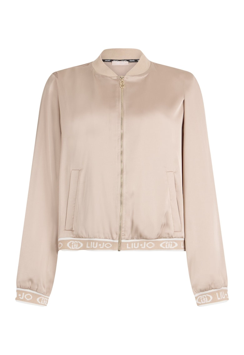 Jacheta bomber cu aspect de satin si banda logo - Bej