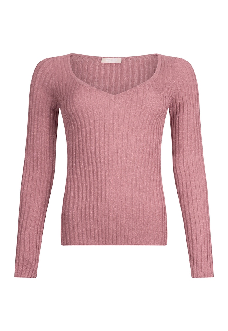 Pulover striat cu decolteu in V - Roz