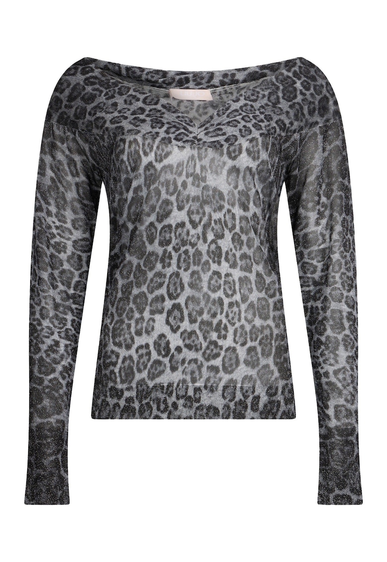 Pulover cu decolteu in V si animal print - Gri deschis/Gri inchis