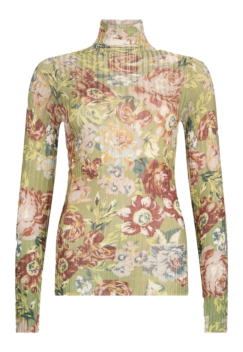 Pulover cu model floral si guler inalt - Verde pal