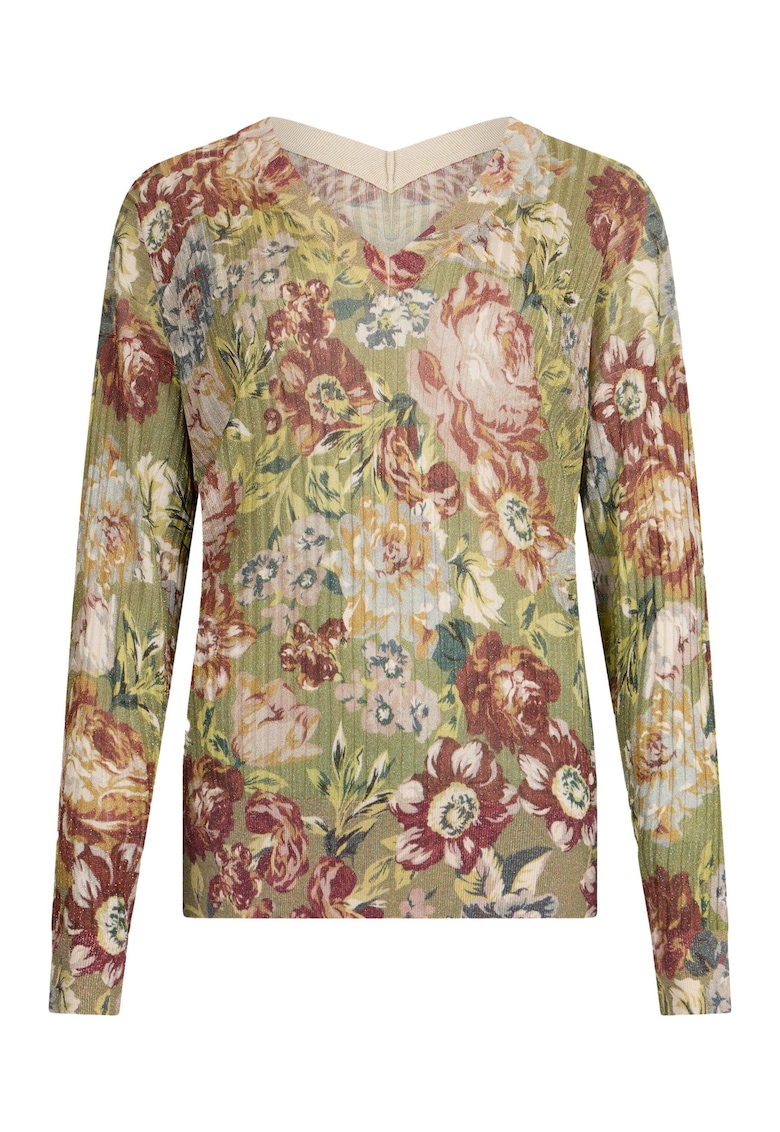 Pulover cu decolteu in V si model floral - Verde pal