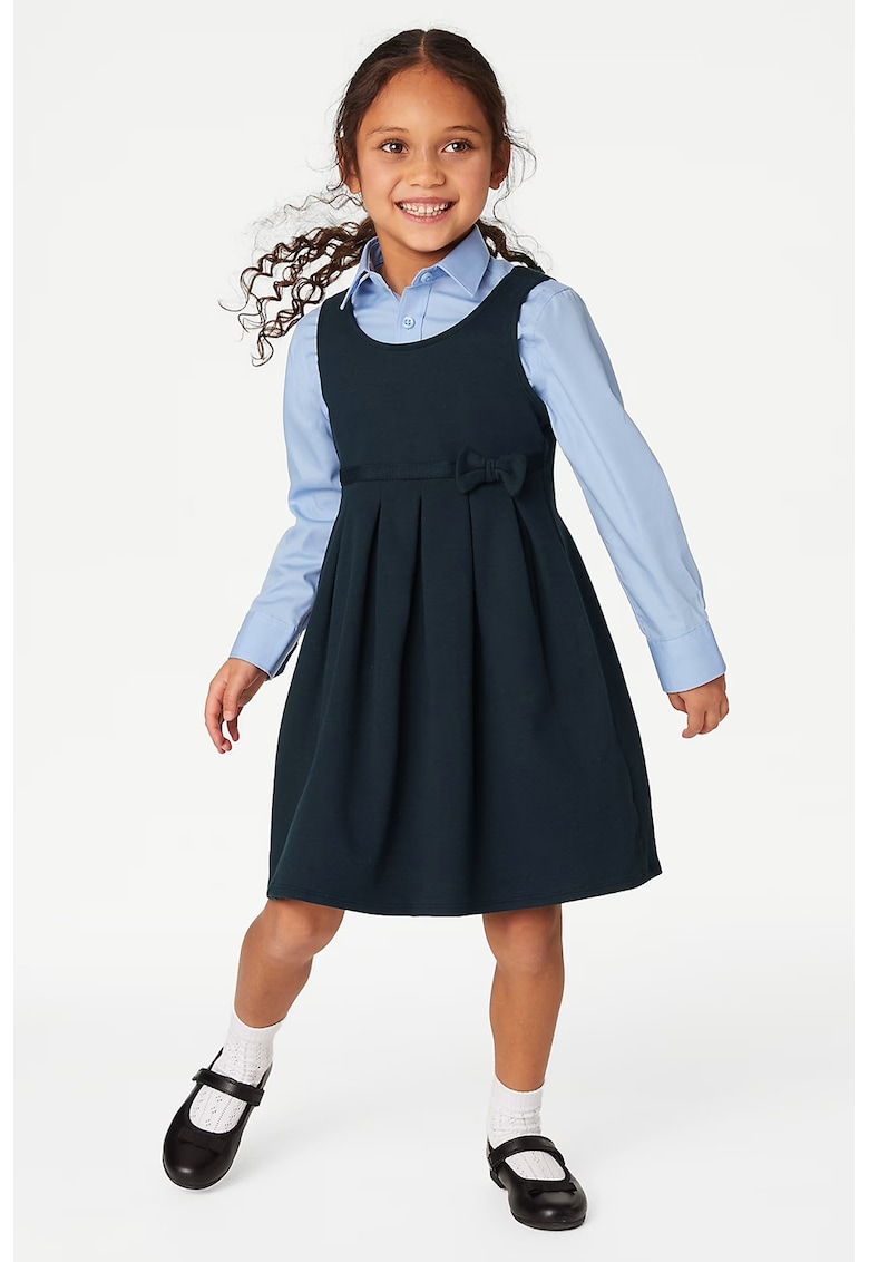 Set de rochie cu pliuri si funda - 2 piese - Bleumarin