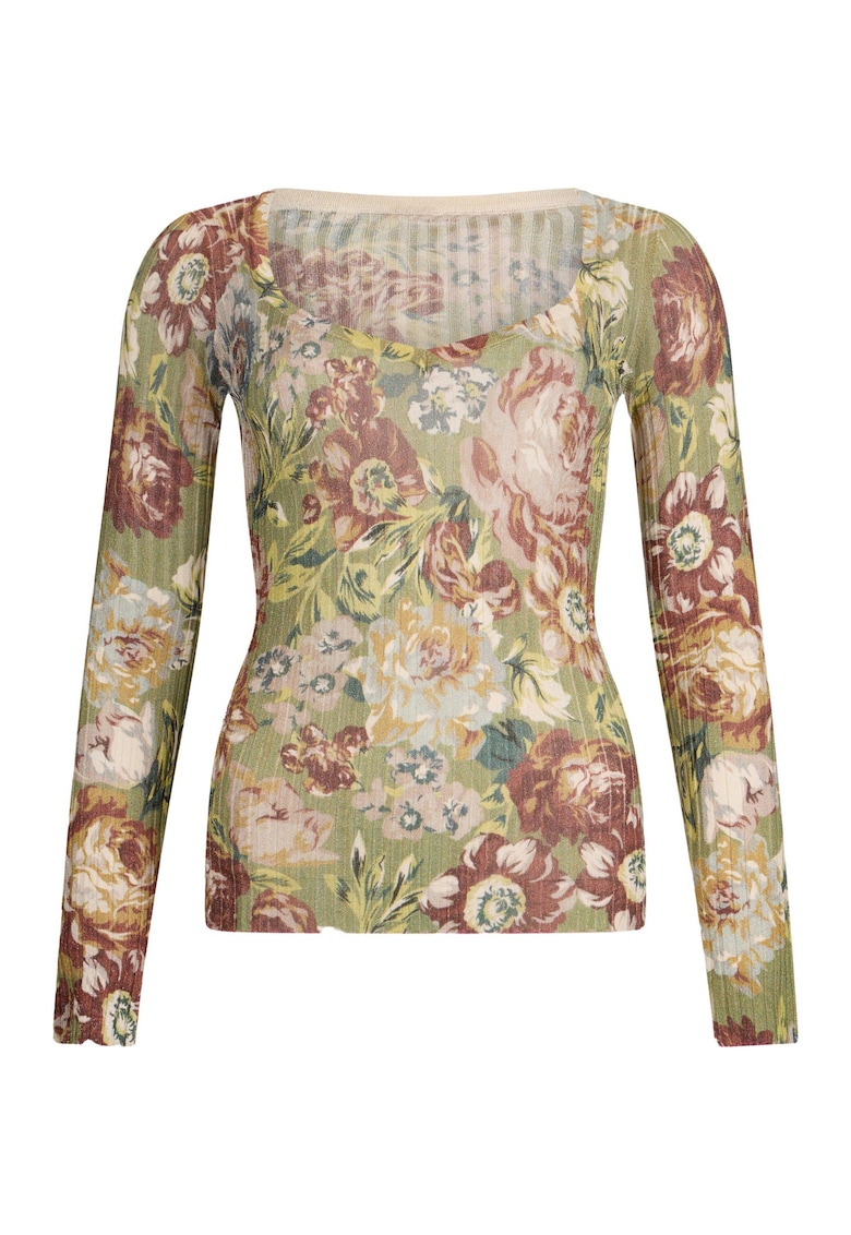 Bluza cambrata si model floral - Rosu/Verde/Crem