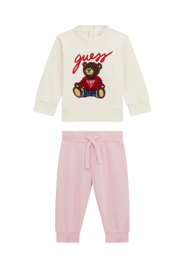 Set de bluza de trening si pantaloni cu aplicatie grafica - Alb fildes/Maro/Roz pastel