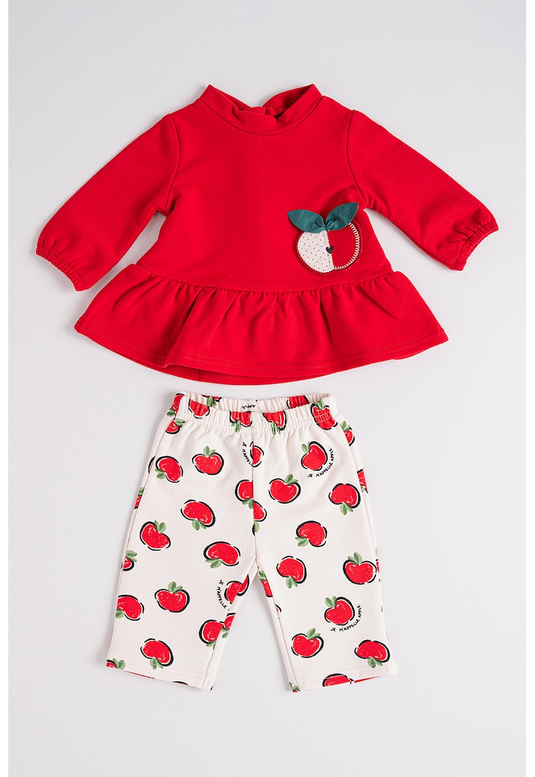 Set de bluza evazata si pantaloni cu imprimdeu cu mar - Rosu/Alb/Verde