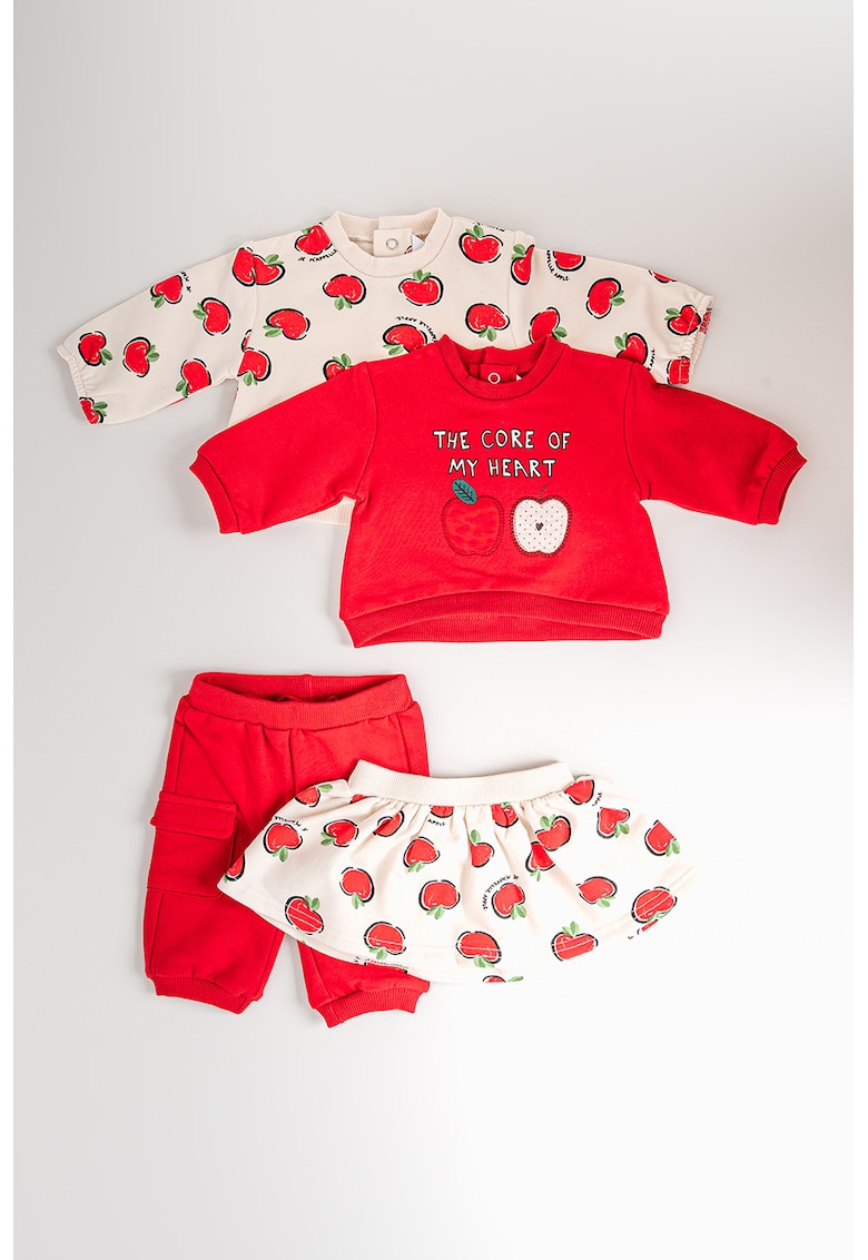 Set de bluza cu imprimeu - fusta si pantaloni - 4 piese - Rosu/Verde/Crem