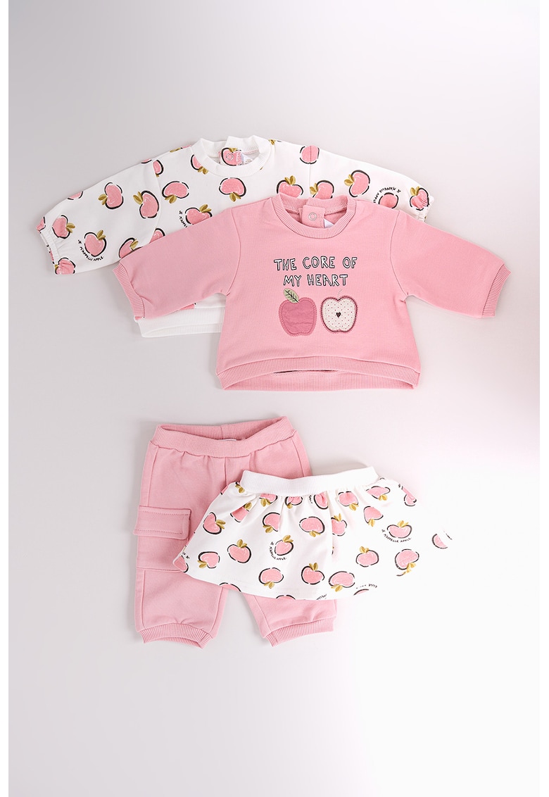 Set de bluza cu imprimeu - fusta si pantaloni - 4 piese - Alb/Verde/Roz prafuit