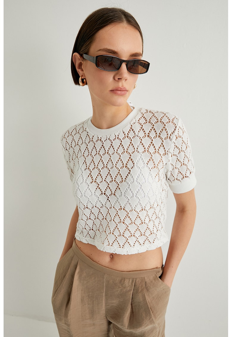 Tricou crop crosetat - Alb