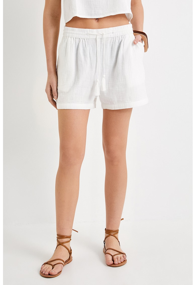 Pantaloni scurti din muslin cu snur de ajustare - Alb