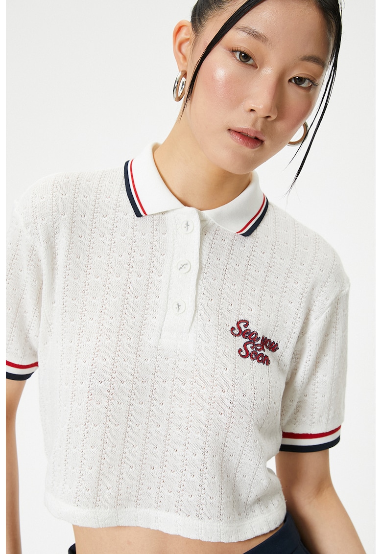 Tricou polo crop din material pointelle - Rosu/Alb
