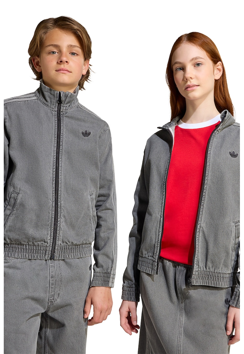 Oferte la Jacheta unisex din denim cu fermoar si banda elastica in talie - Gri inchis