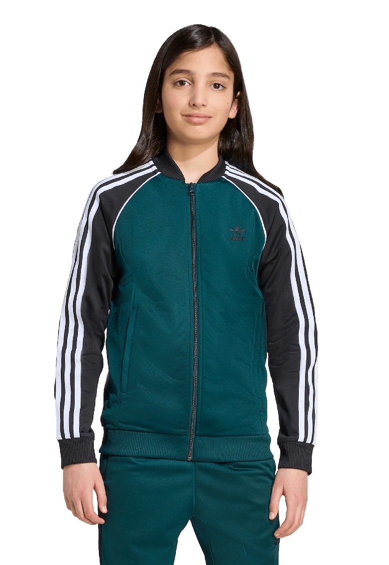 Bluza de trening cu fermoar si broderie logo - Alb/Negru/Verde inchis