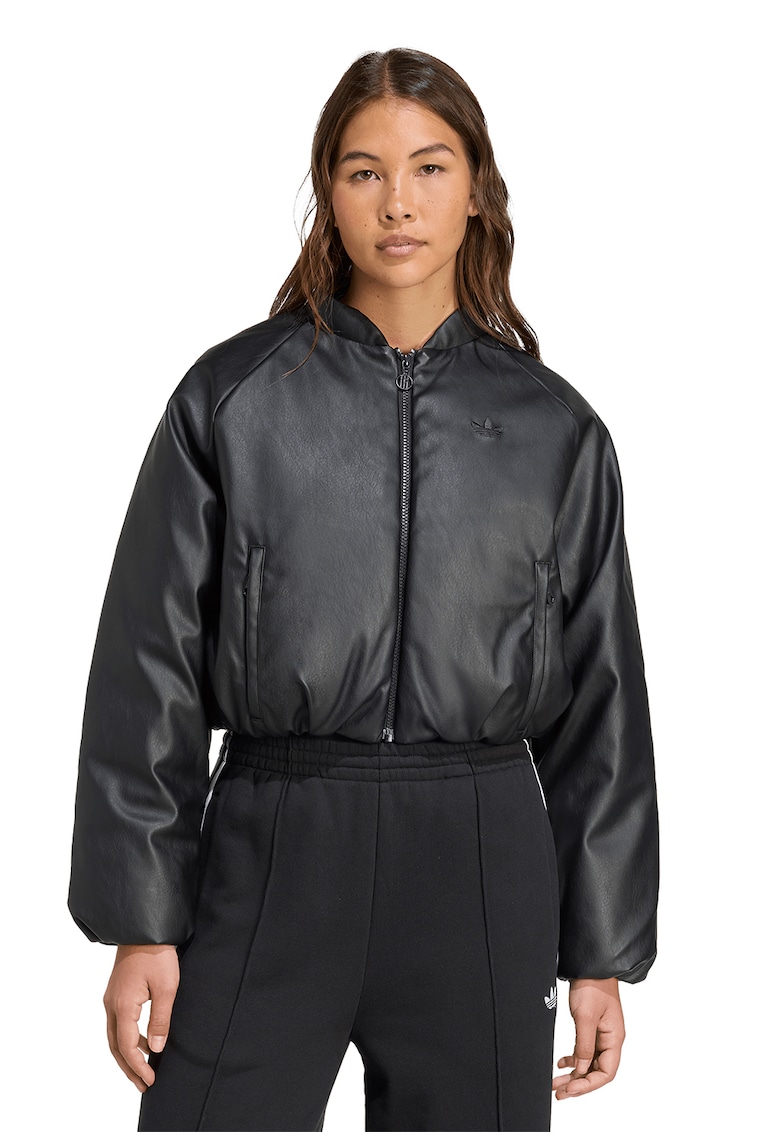Jacheta crop de piele ecologica - Negru