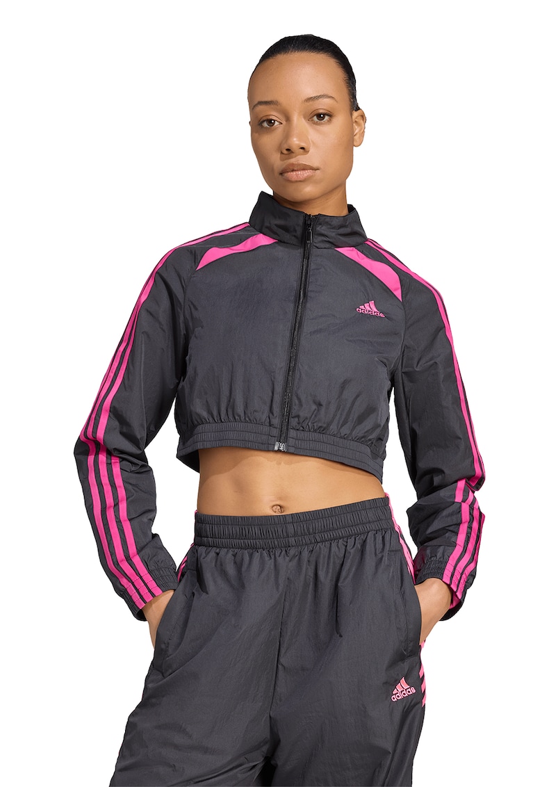 Bluza crop de trening cu fermoar si maneci cu dungi - Roz/Gri antracit