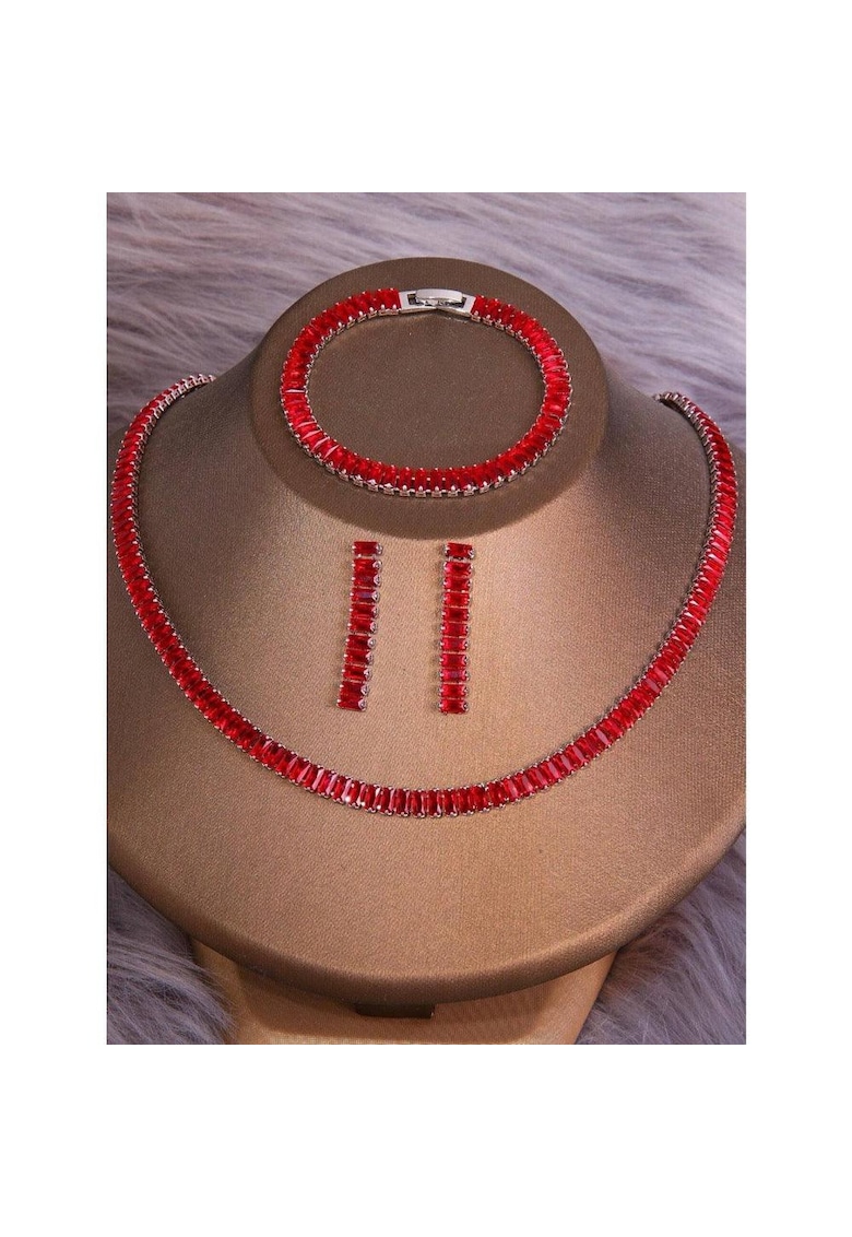 Set colier - bratara si cercei - argintiu - cu pietre rosii din zirconiu - Aapeli C2