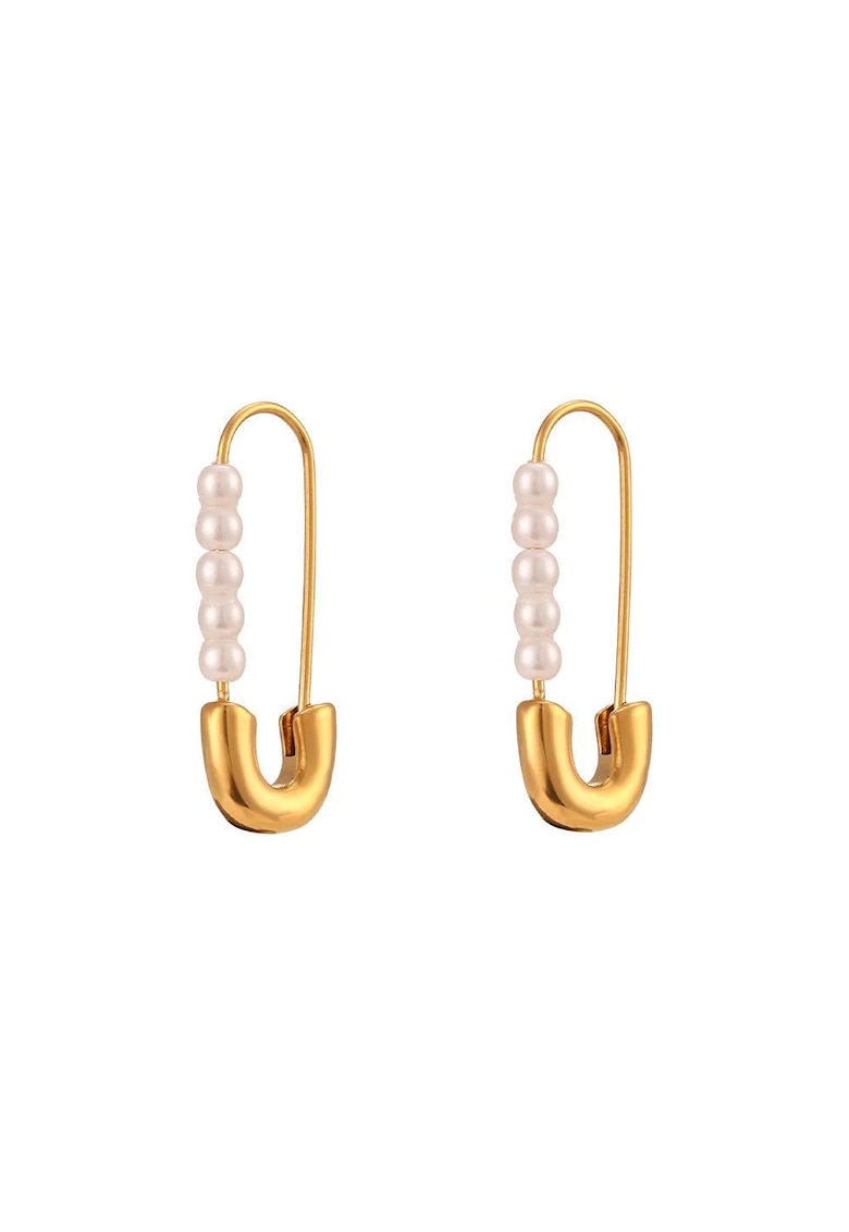 Cercei aurii - din otel inoxidabil - forma de agrafa - cu perlute - suflati cu aur 18k - Folke C1