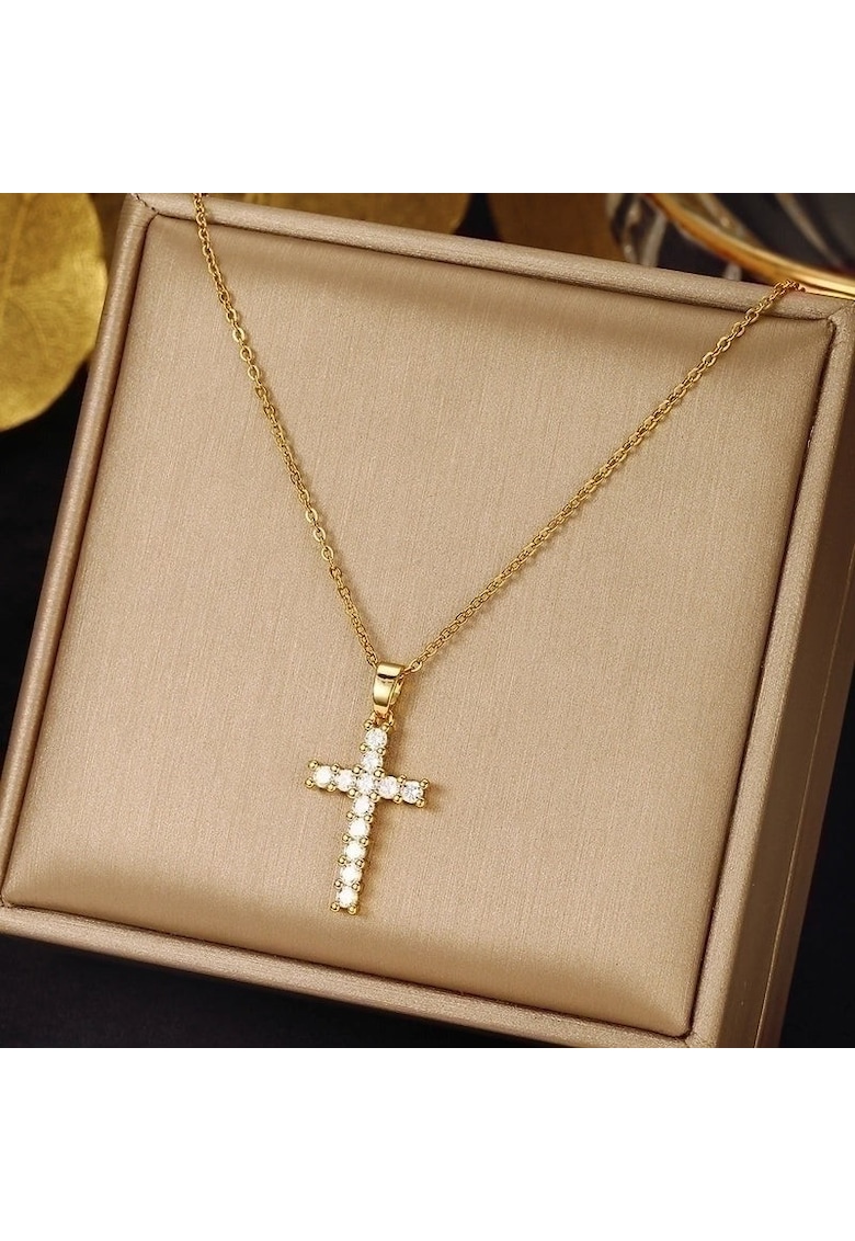 Colier auriu - din otel inoxidabil - suflat cu aur 18k - cu cruciulita si pietre din zirconiu - Ineke C7