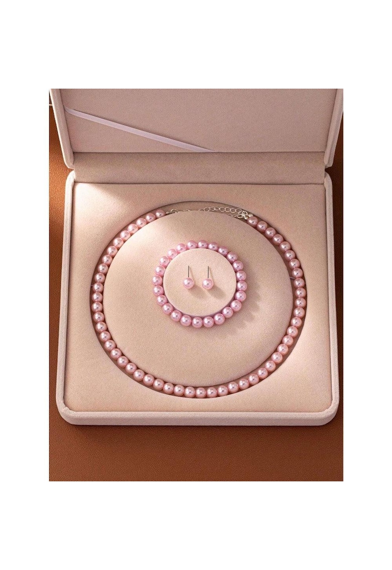 Set colier - bratara si cercei - argintiu - cu perle roz - Aina C26