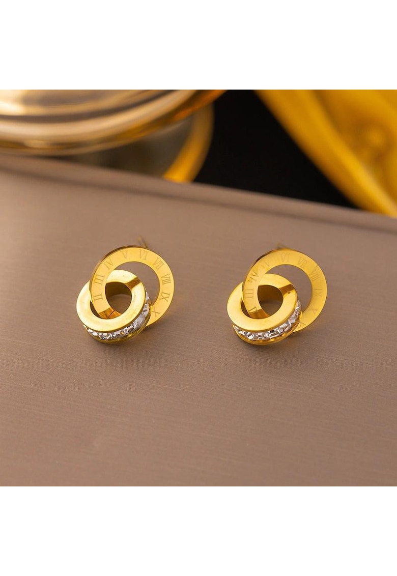 Cercei aurii - din otel inoxidabil - cu cerculete imbinate si pietre din zirconiu - suflati cu aur 18k - Gerry C4