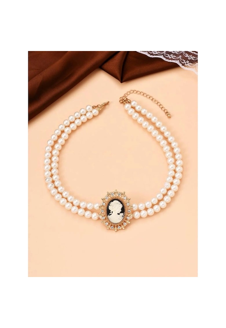 Set colier choker si cercei - auriu - cu perle si pandantiv vintage - Arja C24