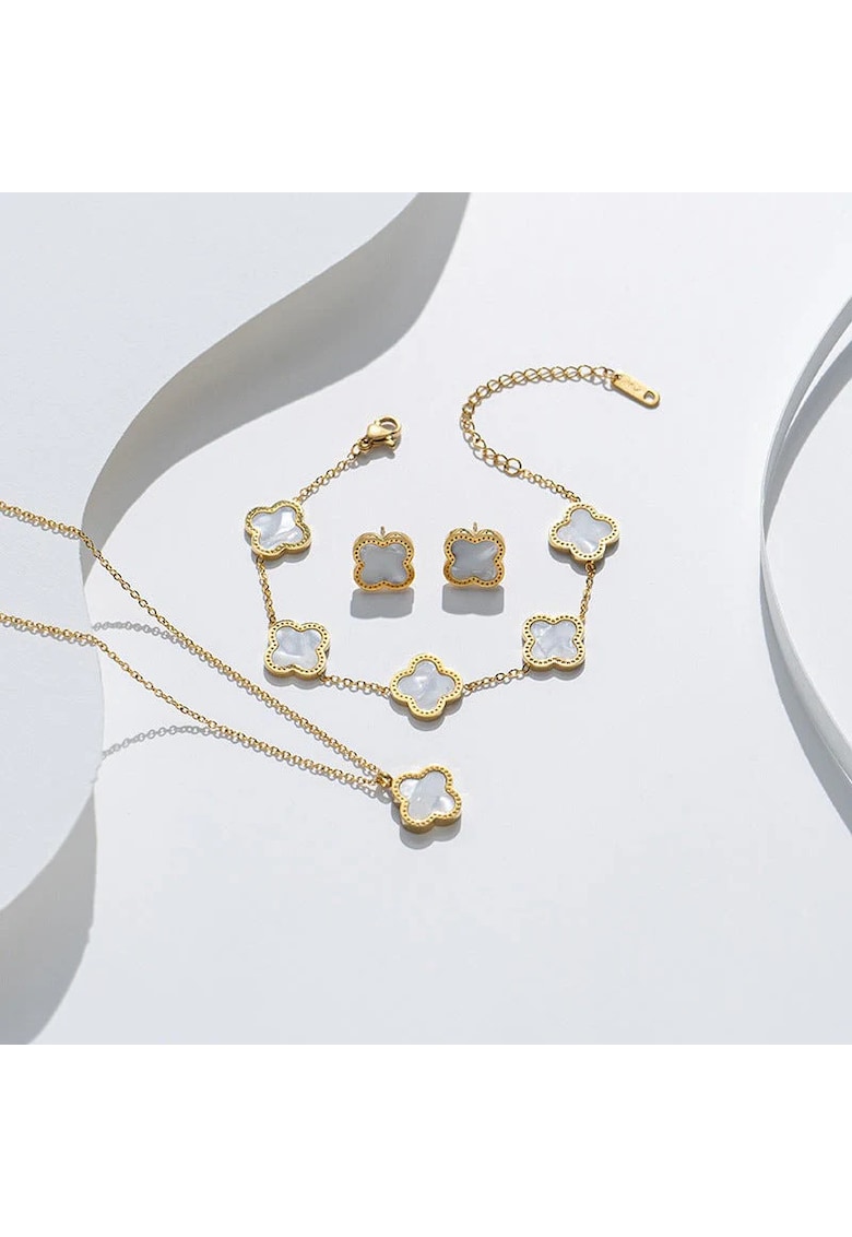 Set colier - cercei si bratara - auriu - din otel inoxidabil - suflat cu aur 18k - cu trifoi alb - Illona C4
