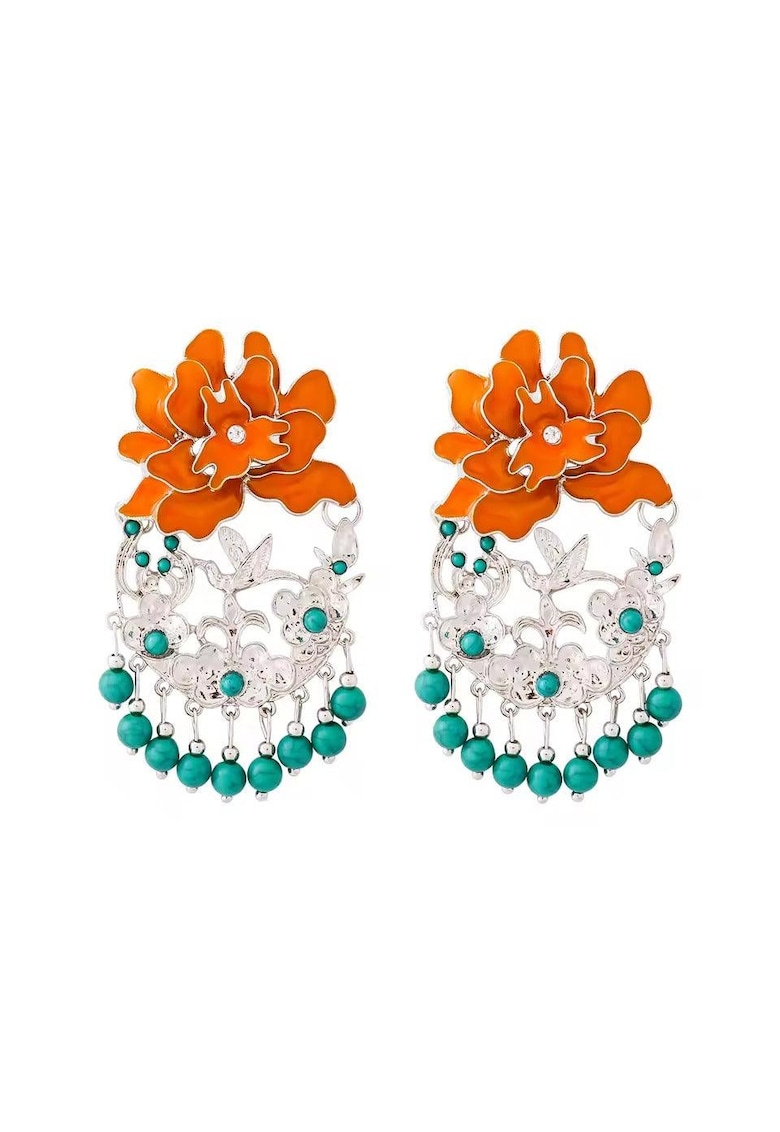 Cercei argintii - masivi - cu floare portocalie si margelute turquoise - Pernille C1