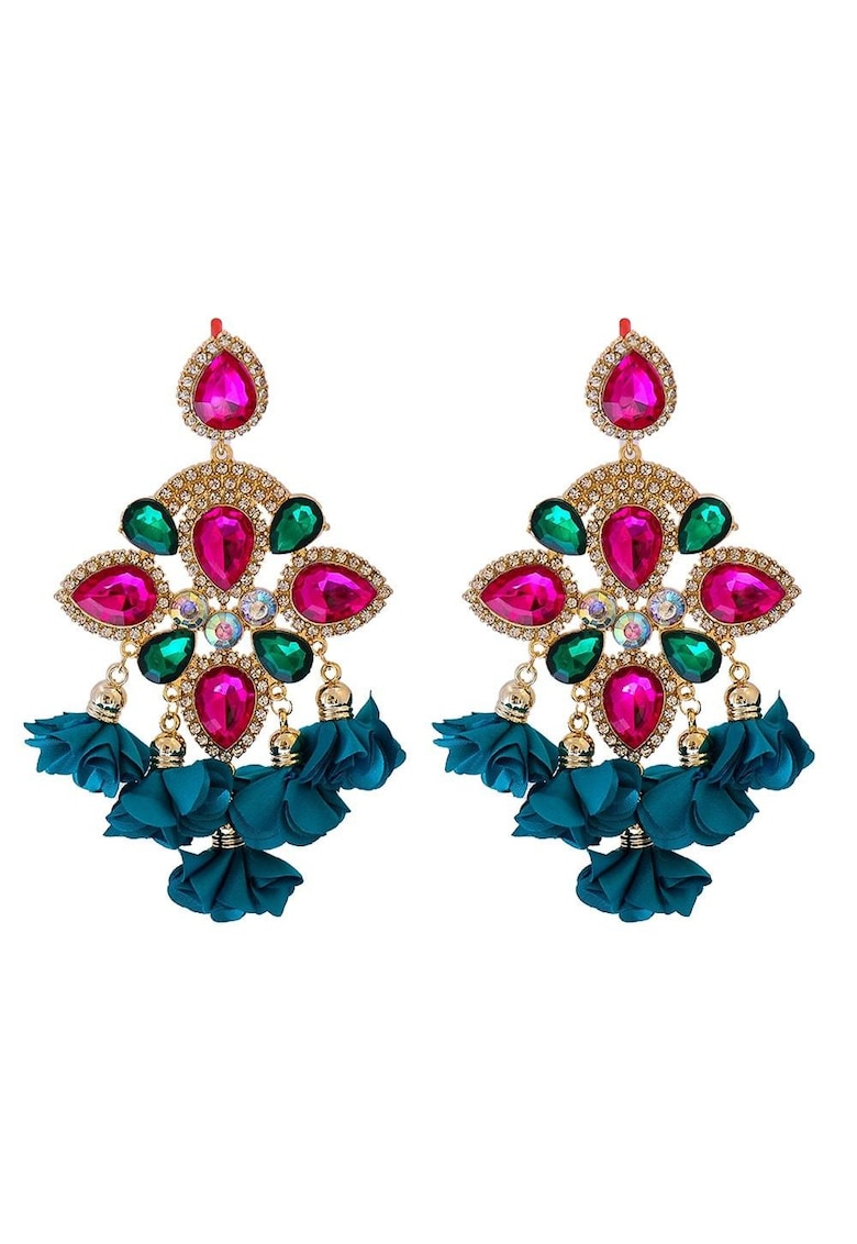 Cercei aurii - stil flamenco - cu pietre roz si flori turquoise - Henka C5