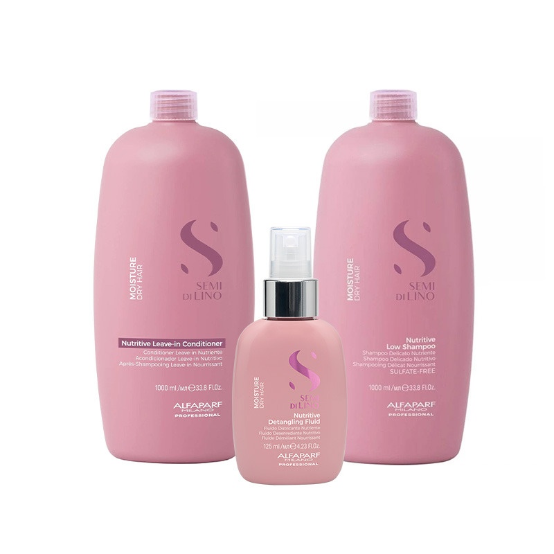 Set Alfaparf Semi di Lino Moisture – Sampon nutritiv 1000 ml + Balsam leave-in 1000 ml + Fluid de descurcare 125 ml