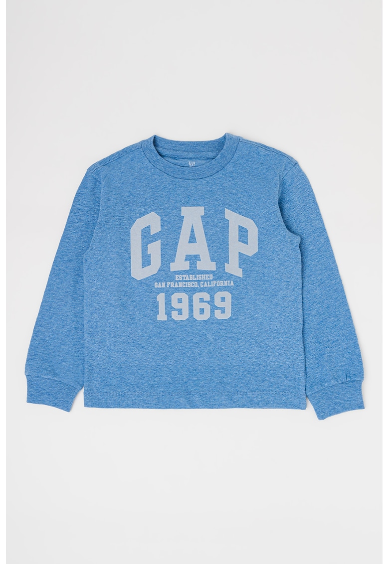 Bluza cu decolteu la baza gatului si imprimeu logo - Albastru deschis melange