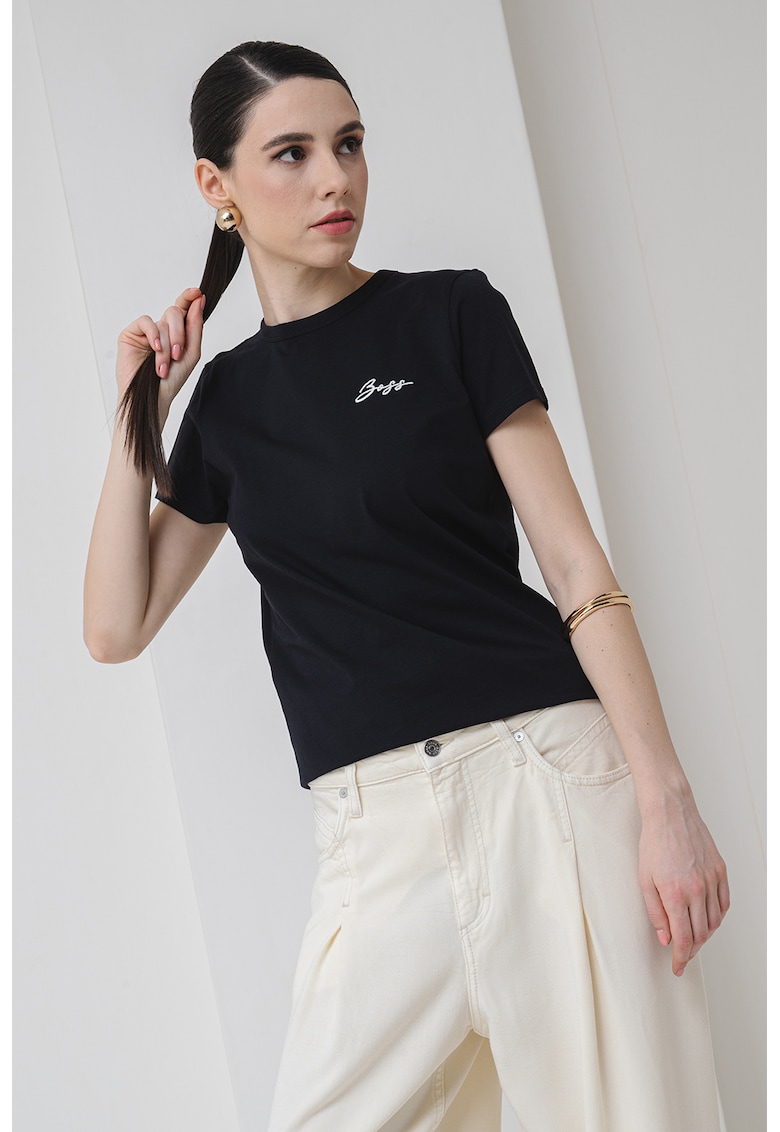 Tricou de bumbac cu logo discret - Negru/Bej