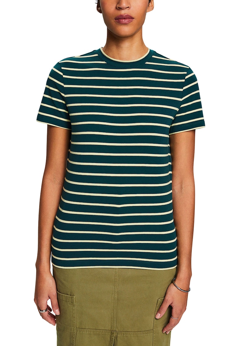 Tricou cu decolteu la baza gatului si dungi - Bej/Verde englez