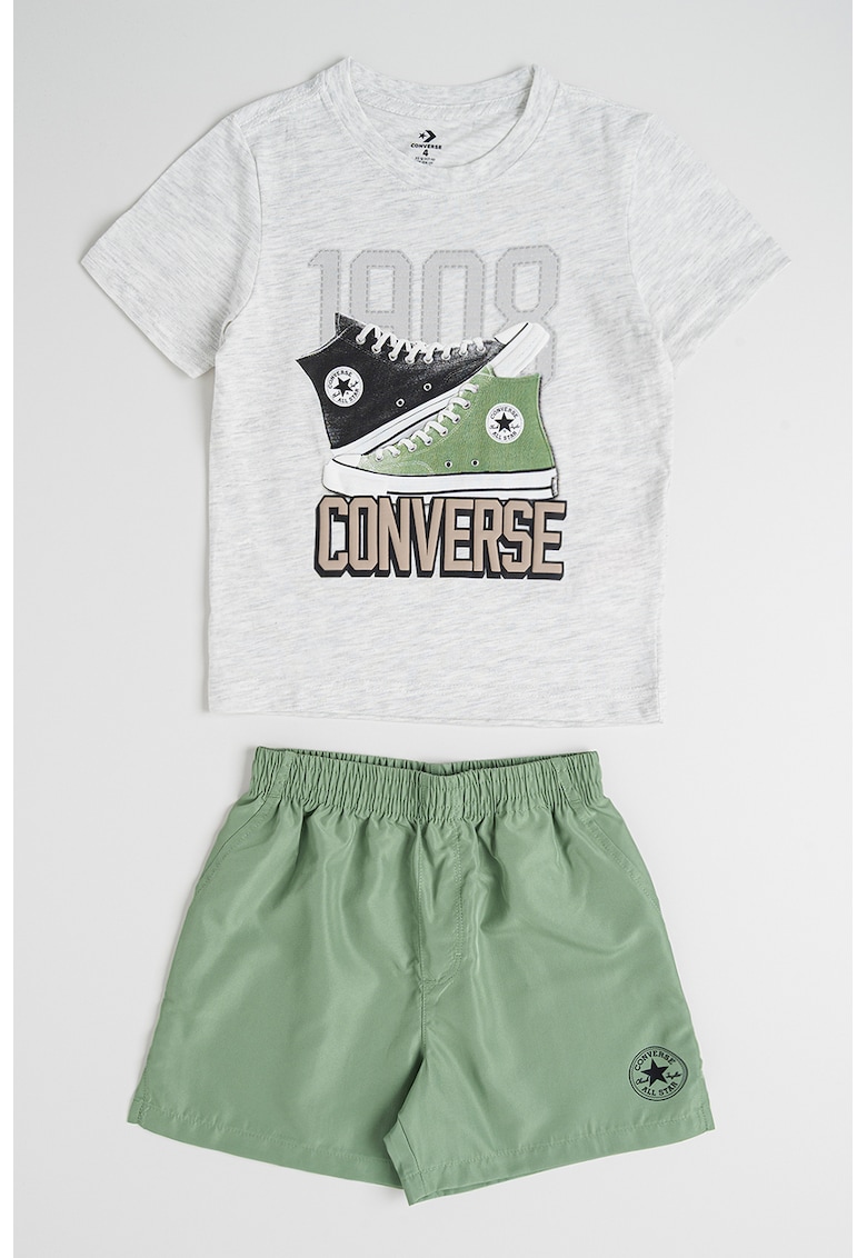 Set de tricou cu model grafic si pantaloni scurti Retro - Verde/Gri deschis