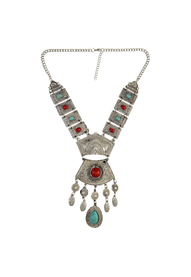 Colier argintiu - cu pietre rosii si turquoise - Saron C12 -