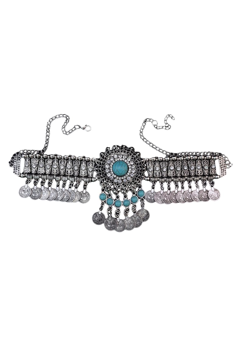 Colier argintiu - cu banuti si pietre turquoise - Sasia C8 -