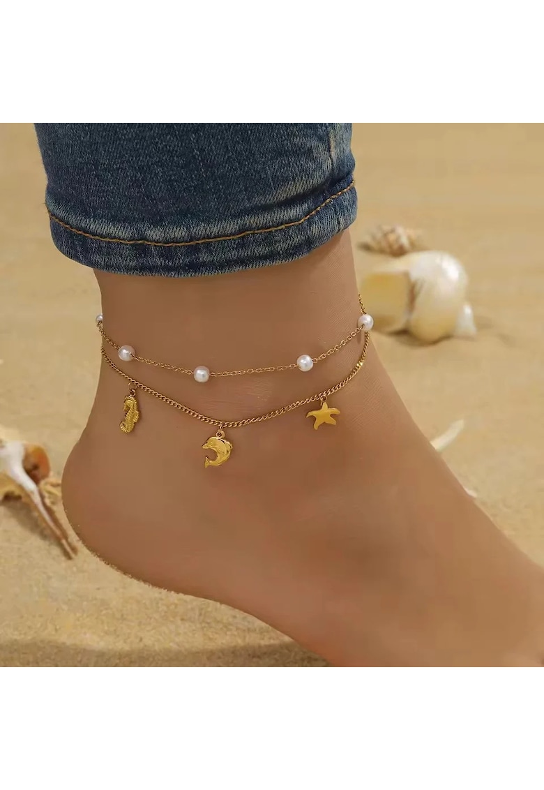 Bratara de picior - aurie - din otel inoxidabil - suflata cu aur 18k - cu motive marine si perlute - Adama C4