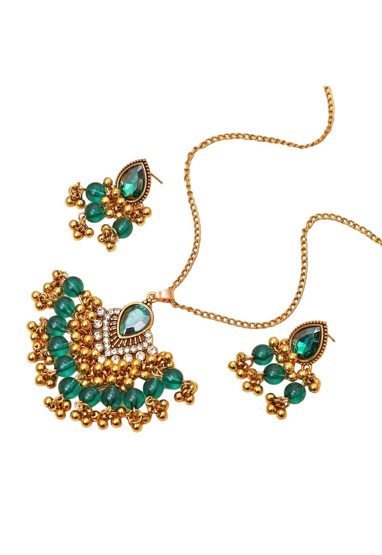 Set colier si cercei - auriu - stil indian - cu pietre si margelute verzi - Yulia C12 -