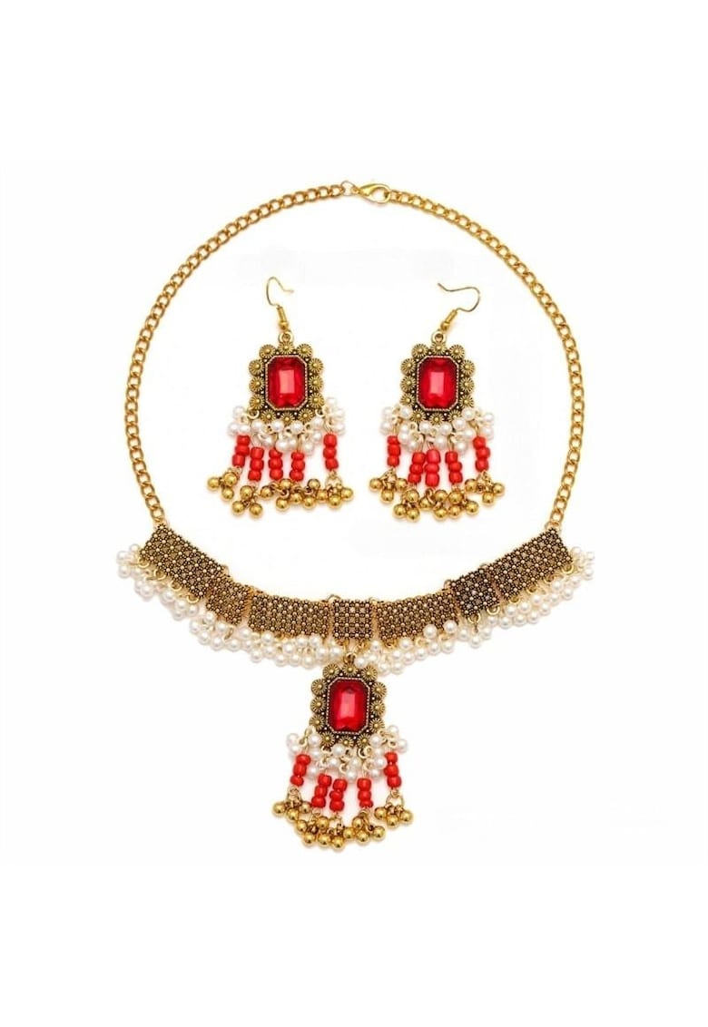 Set colier si cercei - auriu - stil indian - cu pietre rosii si perle - Liana C15 -
