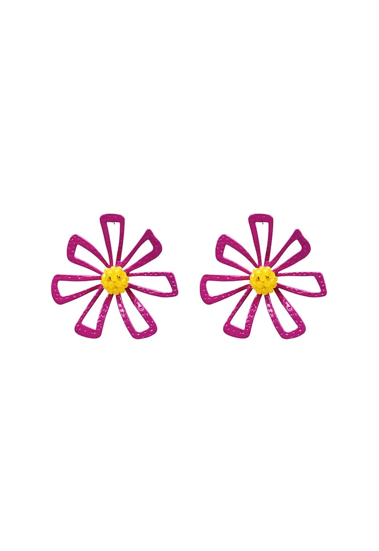 Cercei roz - forma de floare - cu margelute galbene - Traute C2 -