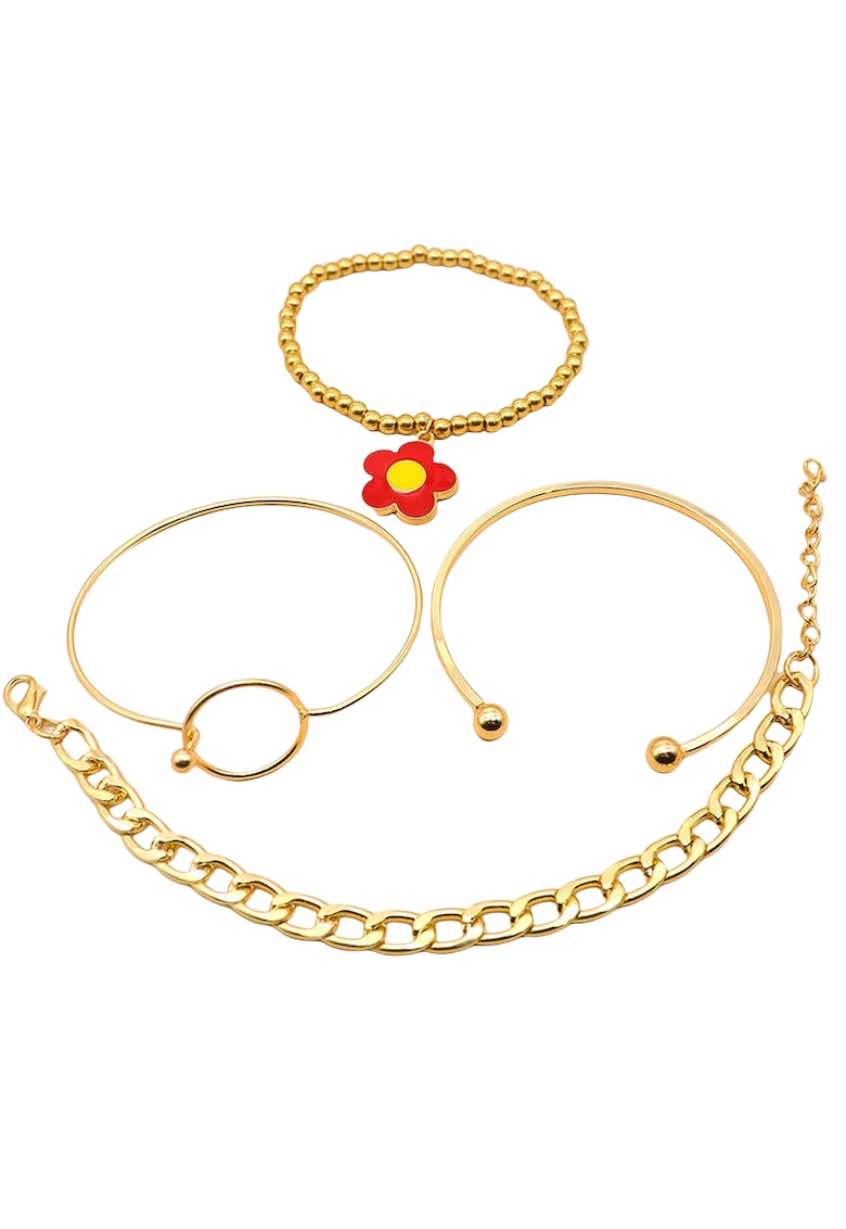 Set 4 bratari - aurii - cu zale si floare rosie - Lorentina C5 -