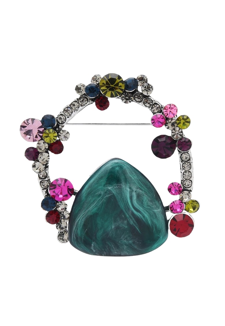 Brosa argintie - forma abstracta - cu pietre si flori - Bendine C5 -