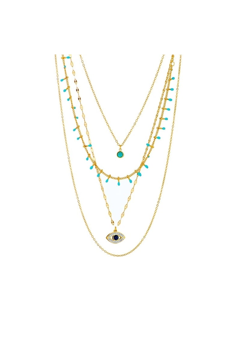 Colier auriu - in 4 straturi - din otel inoxidabil - cu margelute turquoise si pietre - suflat cu aur 18k - Ragni C5