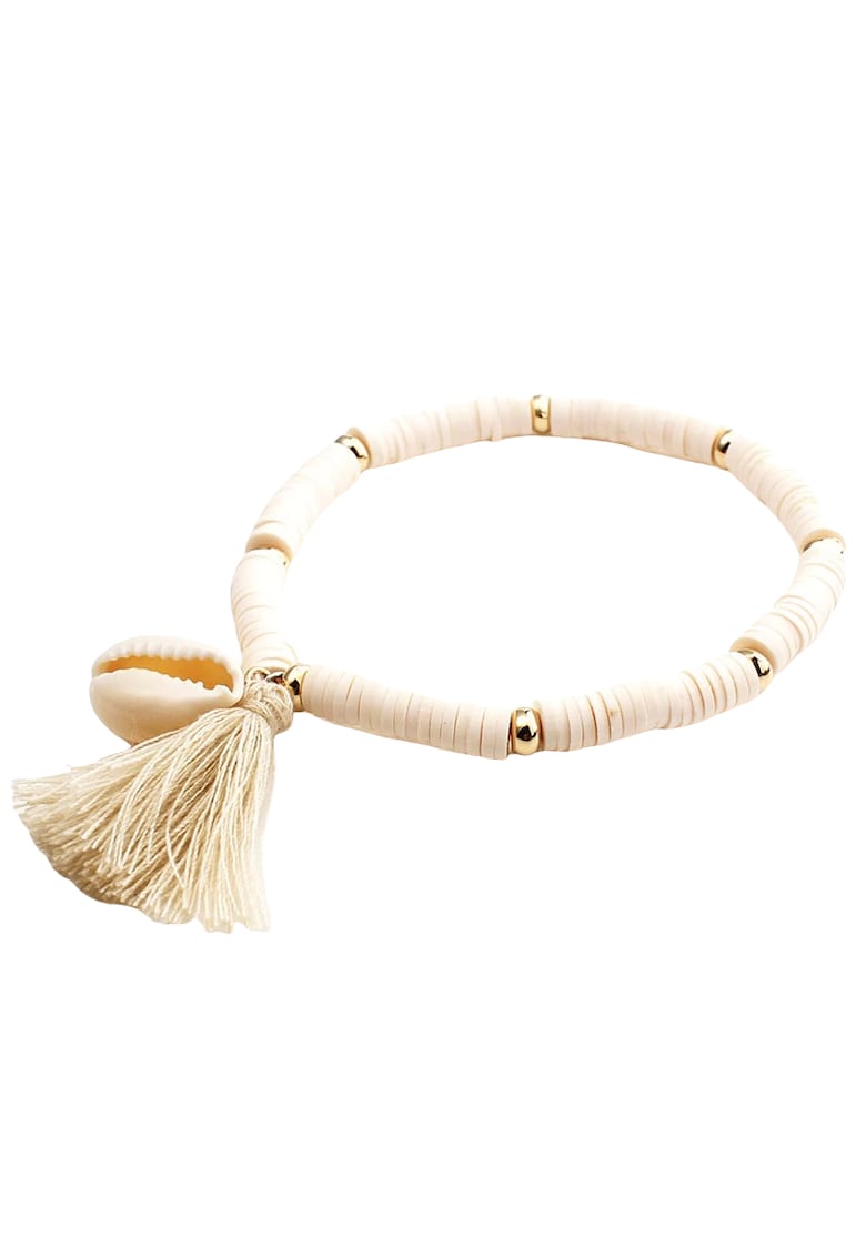 Bratara bej -  cu ciucure si scoica - pe elastic - 18.5 cm - Marie C1