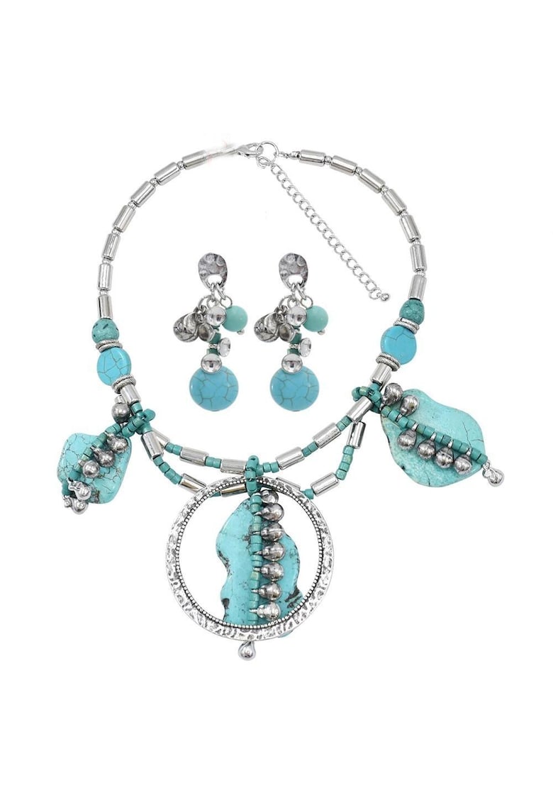 Set colier si cercei - argintiu - cu pietre turquoise - Sanni C8 -