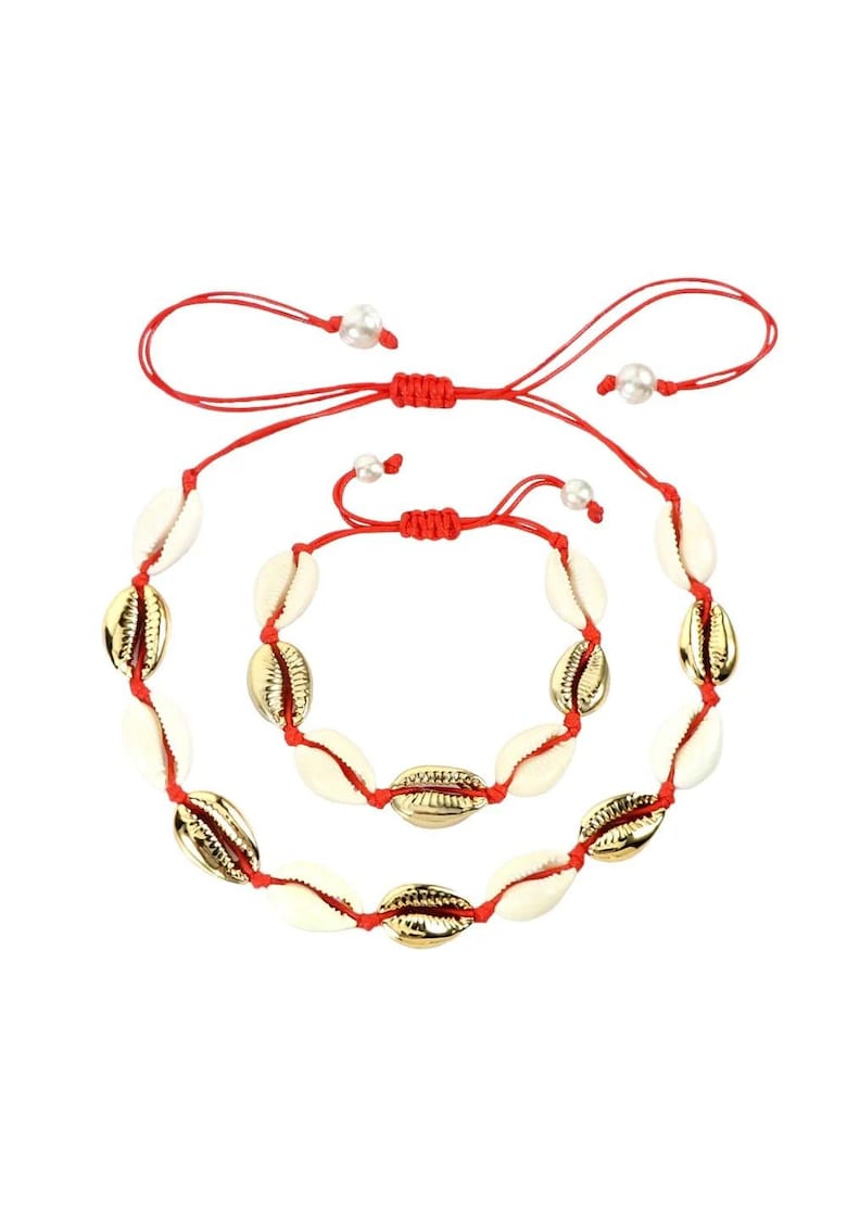 Set colier si bratara cu scoici naturale si snur - ajustabile - C4 - - Rosu/Auriu