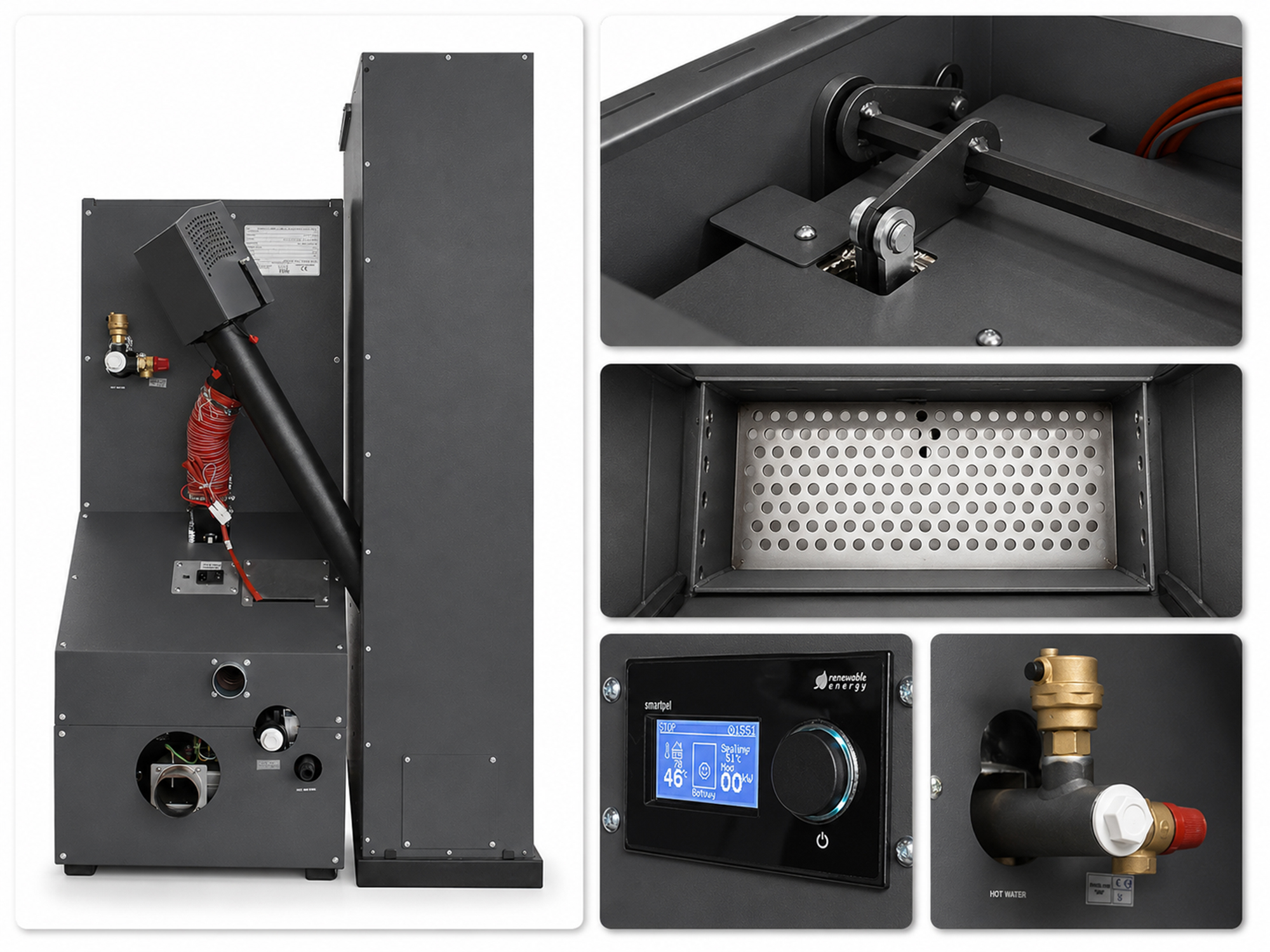 Centrala termica compacta pe peleti Fornello Rossi Camino Compact Automatic 25 kw pompa de circulatie vas expansiune tiraj fortat curatare automata a arzatorului si a drumurilor de fum culoare antracit Ecodesign A+