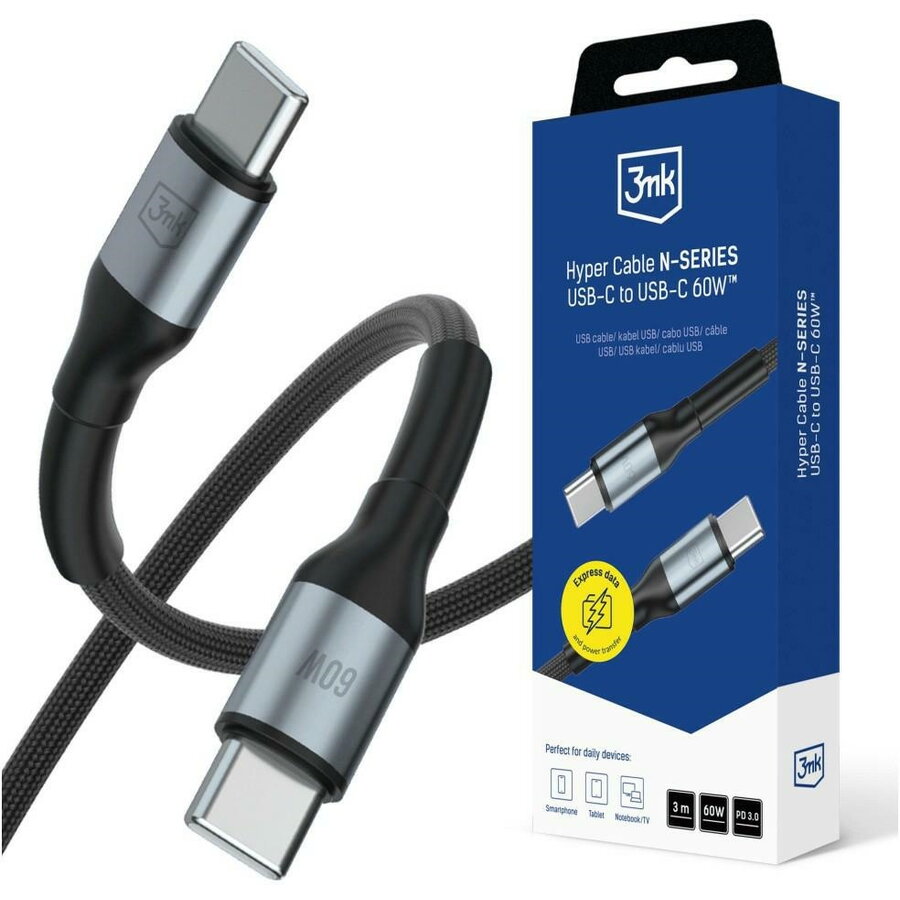 Cablu de date Hyper N-SERIES, 2x USB-C, 60W, 3A, 3m, Negru